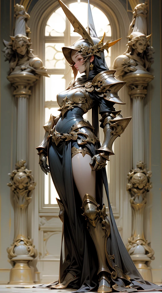 Armor, woman, with sexy body, Goddess Aphrodite, Greek armor style, with large breasts, the breastplate of the armor is open, with small shoulder pads, the shoulder pads have flower decorations, with a closed helmet, with a pink visor, the helmet is golden, the breastplate is white, with a long dress on the sides, the armor has flower details, golden arms, with details on the breasts, good angle, the lighting comes out of the armor, with golden shine ,good quality,standing,full body.