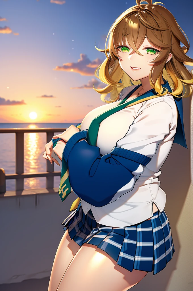 amicia michella - nijisanji, anime style, 1girl, detailed brown short hair, yellow inner hair, wavy thick hair, green eyes, thin lips, painted lips, shy smile face, wide hips, thick thighs, huge round ass, shiny oily breasts, white shirt, navy blue necktie, light blue pleated skirt, plaid pleated skirt, gyaru, full body, sunset, city