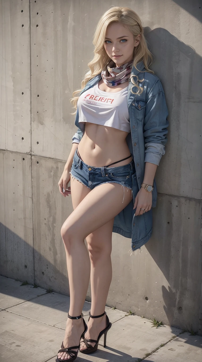 24-year-old Caucasian woman、Hair color is blonde、Eye color is blue、Longhaire、A slender、I'm wearing a bandana on my forehead、a smile、Beautiful breasts、My abs are cracked、I can see the navel、She is wearing a T-shirt that shows her underboob、I'm wearing a miniskirt、Wearing a jacket、I'm wearing pin heels、Be in front of a concrete wall、Wearing a scarf around your neck