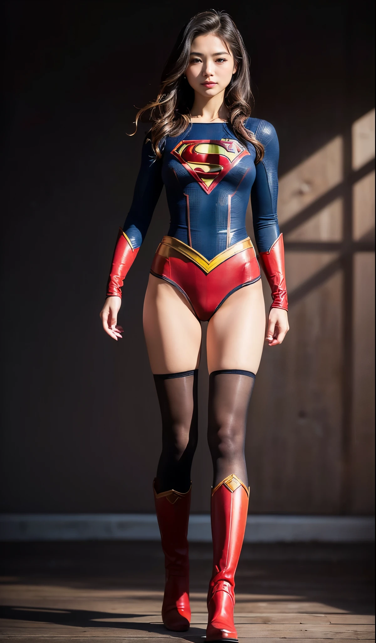 No background、(((Wear black tights on your beautiful legs.)))、(((Grow legs、tall、Legally express the beauty of your smile)))、((((Make the most of the original image)))、(((Supergirl Costume)))、(((beautiful hairl)))、(((Suffering)))、(((Feet must necessarily be worn with black tights)))、(((You need to wear red boots)))、((Top image quality、8K))、((top-quality、8K、​masterpiece:1.3))、(((Keep Background )))、Crisp focus:1.2、Beautiful woman with perfect body shape:1.4、Slender Abs:1.2、a wet body:1.5、Highly detailed facial and skin texture、8K