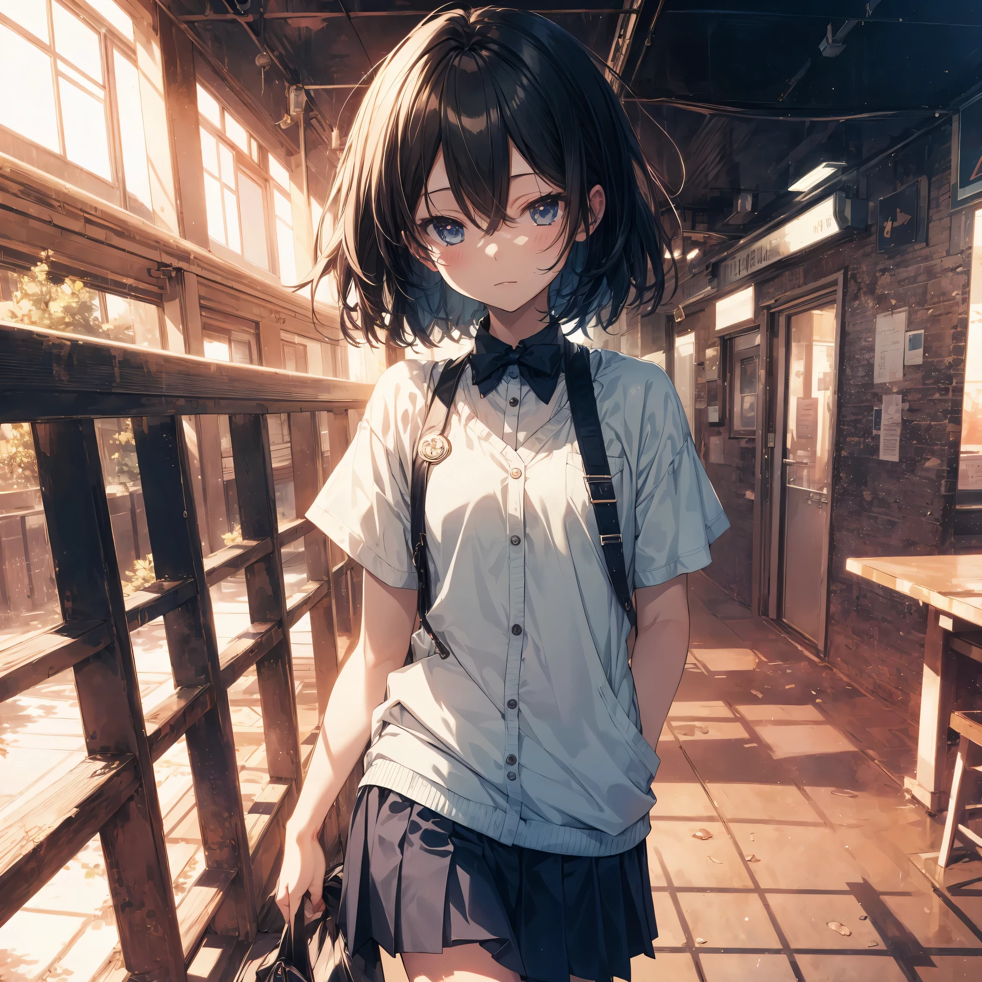 Super high quality by the art god, Ultra-detailed, High resolution, anime moe art style, best anime 8K konachan wallpaper, Pixiv Contest Winner, Perfect Anatomy, BREAK,(Draw a girl sleepily walking to school. ),BREAK, 1girl in, (Solo,Lori,child,13years:1.3),Full limbs, complete fingers,a junior high school student, Androgynous attraction, (Very short hair), Sleeping hair, hair messy, flat chest, Small butt, groin, Small eyes,Beautiful detailed black eyes, Well-proportioned iris and pupils, disgusted eye,  High resolution detailed hair, School uniform, Skirt, On the way to school. BREAK,Ultra-detailed細なスキン, Best lighting by famous artists, 8K, Illustration,