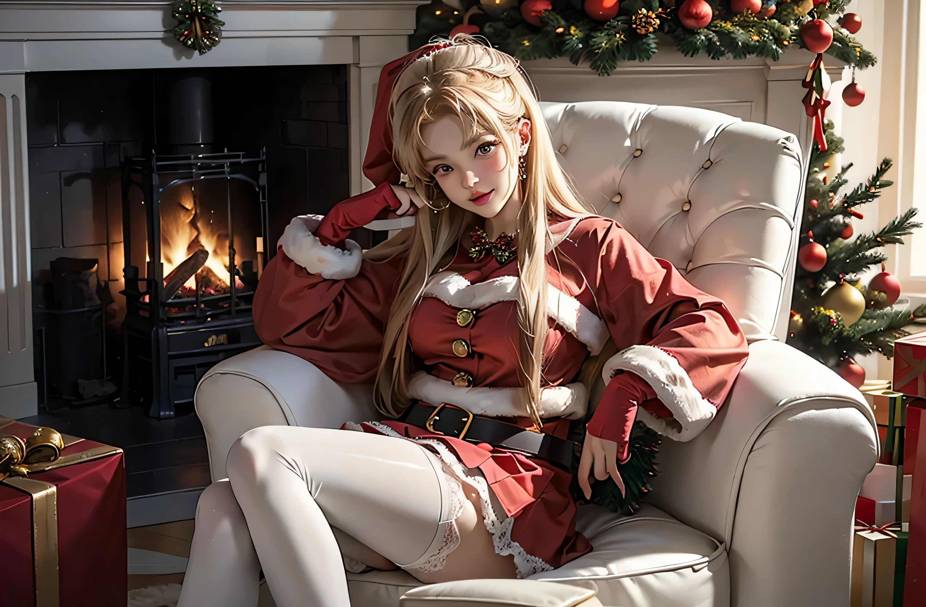 A MILF、((santa claus))、Red mini skirt、Luxurious room、White lace panties、(Cameltoe)、Spread legs wide、Sitting in a plush chair、Christmas Eve、Christmas tree、fireplace、masterpiece、top-quality