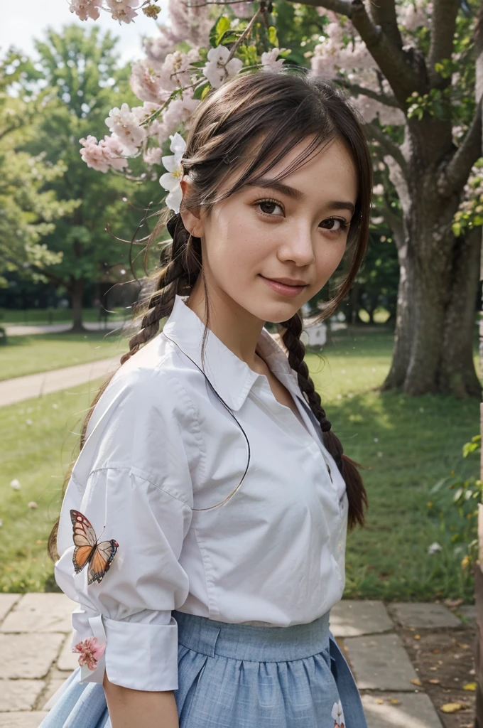 blurry, blurry_foreground, depth_of_field, petals, butterfly, bug, cherry_blossoms, blurry_background, blue_butterfly, motion_blur, flower, elaina_(majo_no_tabitabi), 1girl, open_mouth, long_hair, pink_flower, braid, falling_petals, white_shirt, smile, skirt, shirt, white_flower, tree, outdoors, ahoge, looking_at_viewer, hair_between_eyes, spring_(season), day, solo, holding, branch, bangs, blue_sky, eyebrows_visible_through_hair, :d, silver_hair, hood, cape