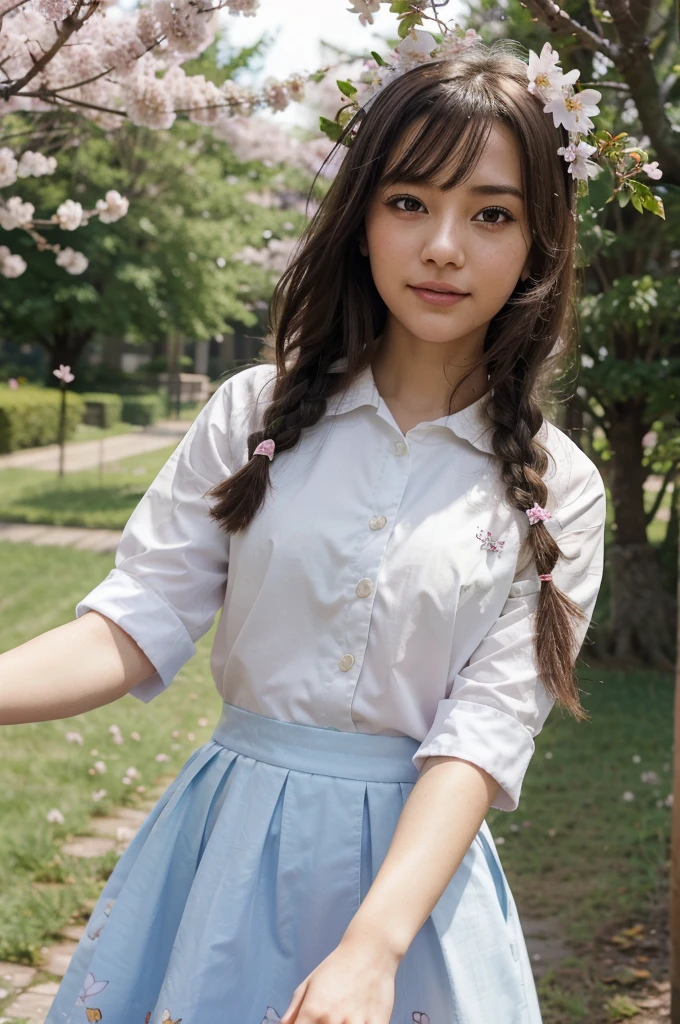 blurry, blurry_foreground, depth_of_field, petals, butterfly, bug, cherry_blossoms, blurry_background, blue_butterfly, motion_blur, flower, elaina_(majo_no_tabitabi), 1girl, open_mouth, long_hair, pink_flower, braid, falling_petals, white_shirt, smile, skirt, shirt, white_flower, tree, outdoors, ahoge, looking_at_viewer, hair_between_eyes, spring_(season), day, solo, holding, branch, bangs, blue_sky, eyebrows_visible_through_hair, :d, silver_hair, hood, cape