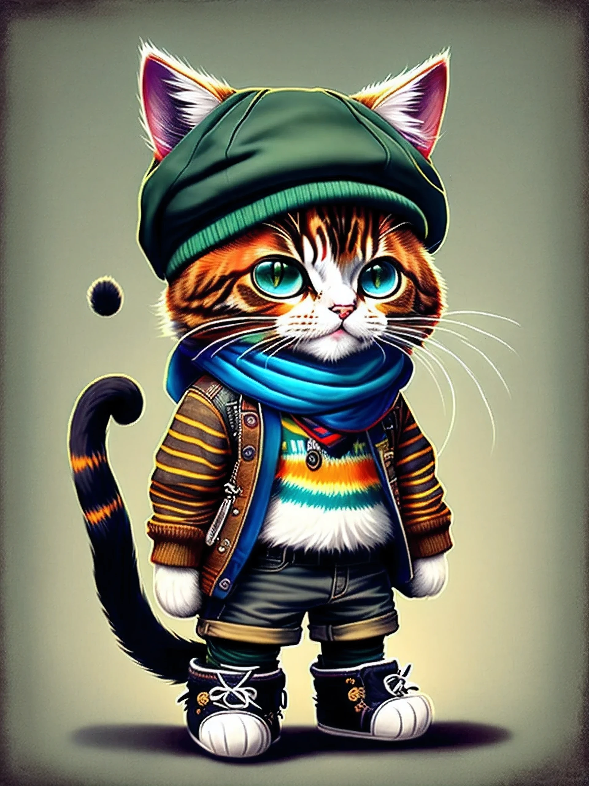Cat drawing wearing hat and scarf, hot topics in the art world, wear punk clothes, Full body like,There are hands and feet,the hair,Detailed hyper-realistic rendering, british gang member, Street style, Intimidating posture, planet of cats, clothes and fashion, samurais, meow, West Slavic specialties, 8 1 5