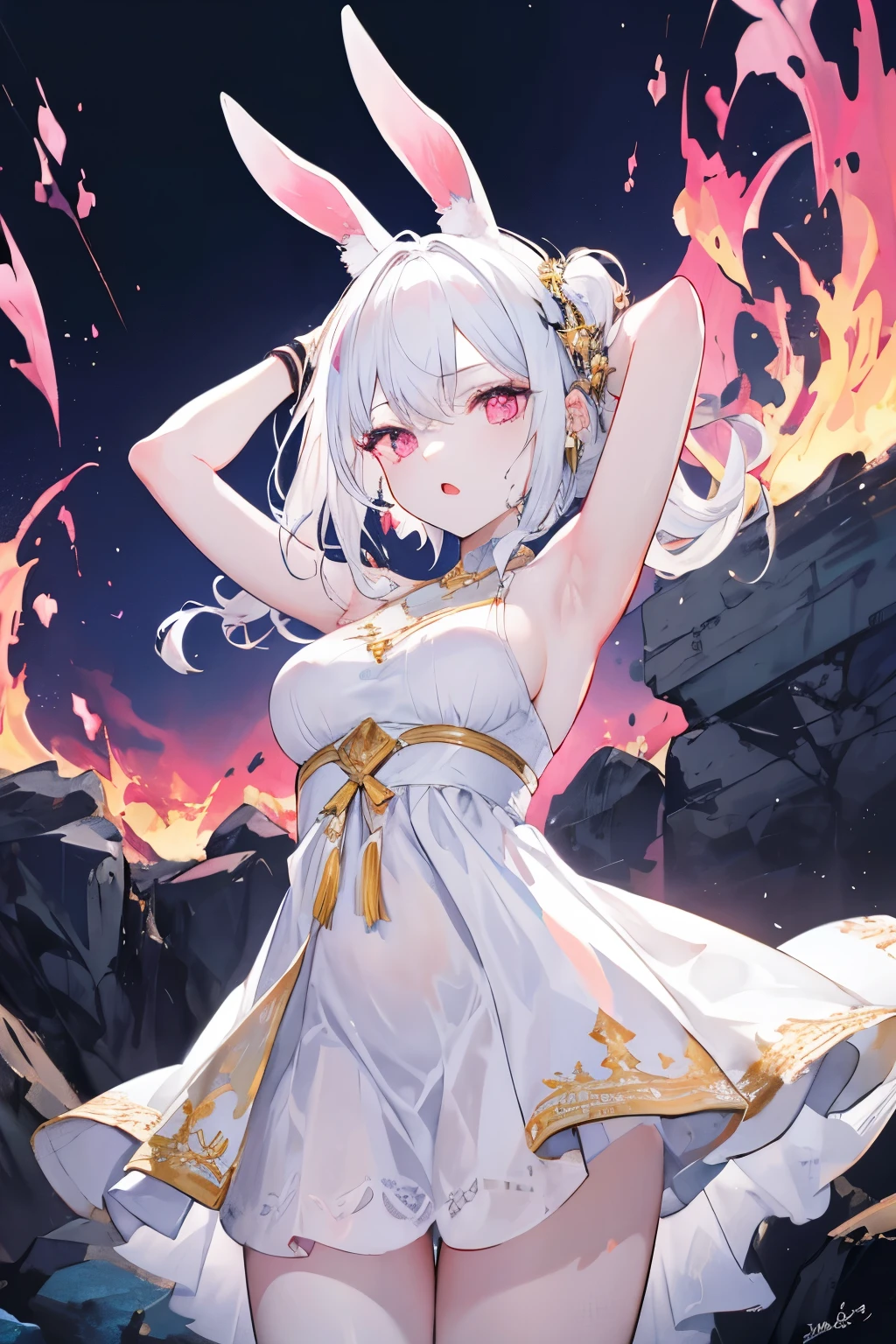 1girl, messy iridescent white hair, pink eyes, glowing eyes, mouth open, pale skin, bunny ears, no ears, wearing long clingy white dress with gold runes, arms up, holding blue flame, ancient stone village at sunset, absurdes, high res, ultrasharp, 8k, masterpiece, chiaroscuro, from below, fire in foreground, looking at viewer,
