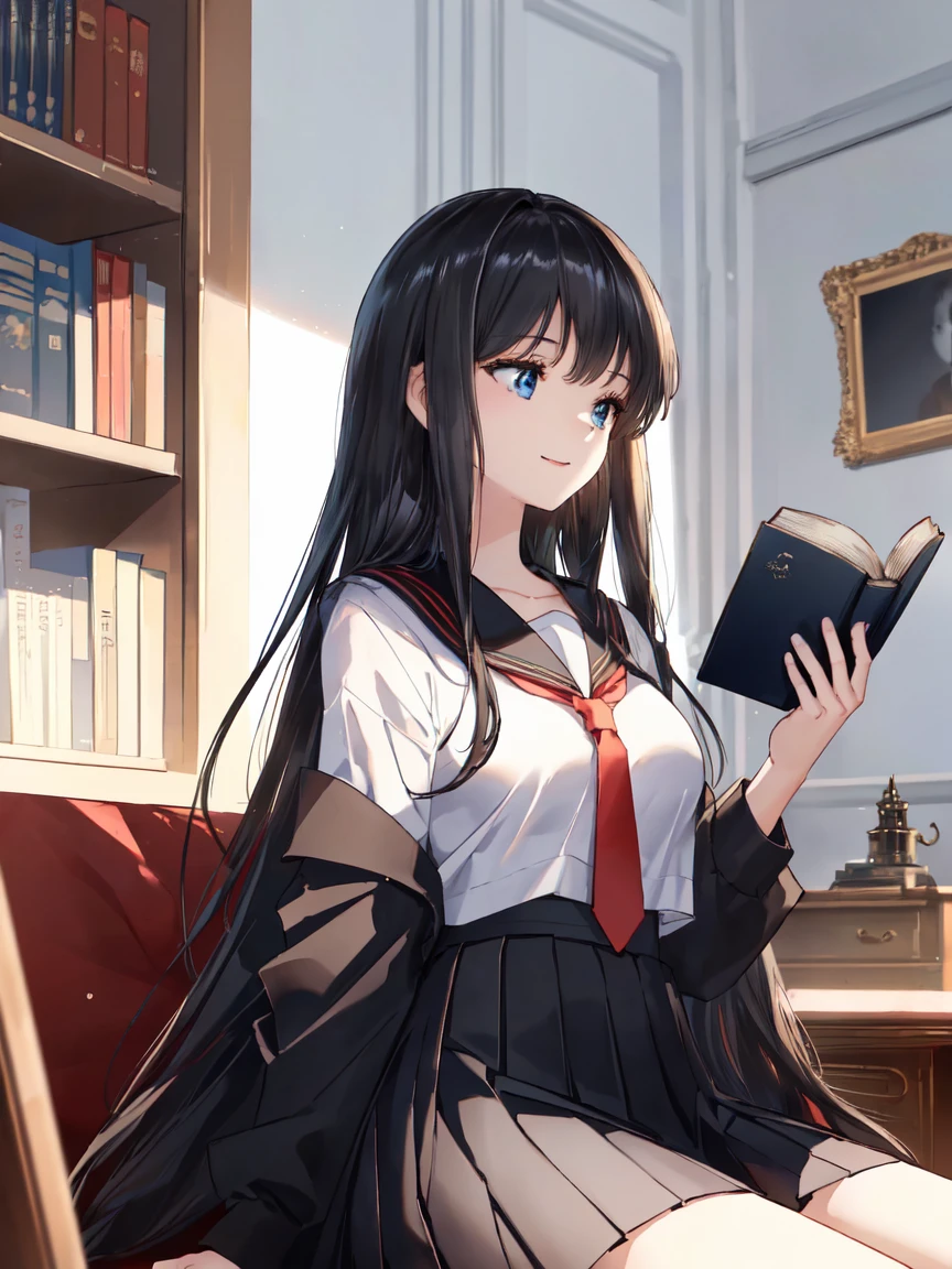 8k, (ultra-detailed:1.3, master piece:1.3, best quality:1.3, high resolution:1.3), 18year old, High school students, 1 person, a girl, beautiful face, large and beautiful breasts, Blue eyes, eyes in highlight, catch light eyes, specular highlight eyes, (smile with your mouth closed:1.2), BREAK (long hair, black hair, black sailor suit, Black pleated skirt, Separated uniforms, red ribbon tie, collarbone, shoot from side), BREAK library, (Sitting, laugh a little, holding a book with both hands), (staring at a book:1.3), (see a book:1.3), (looking away:1.3)