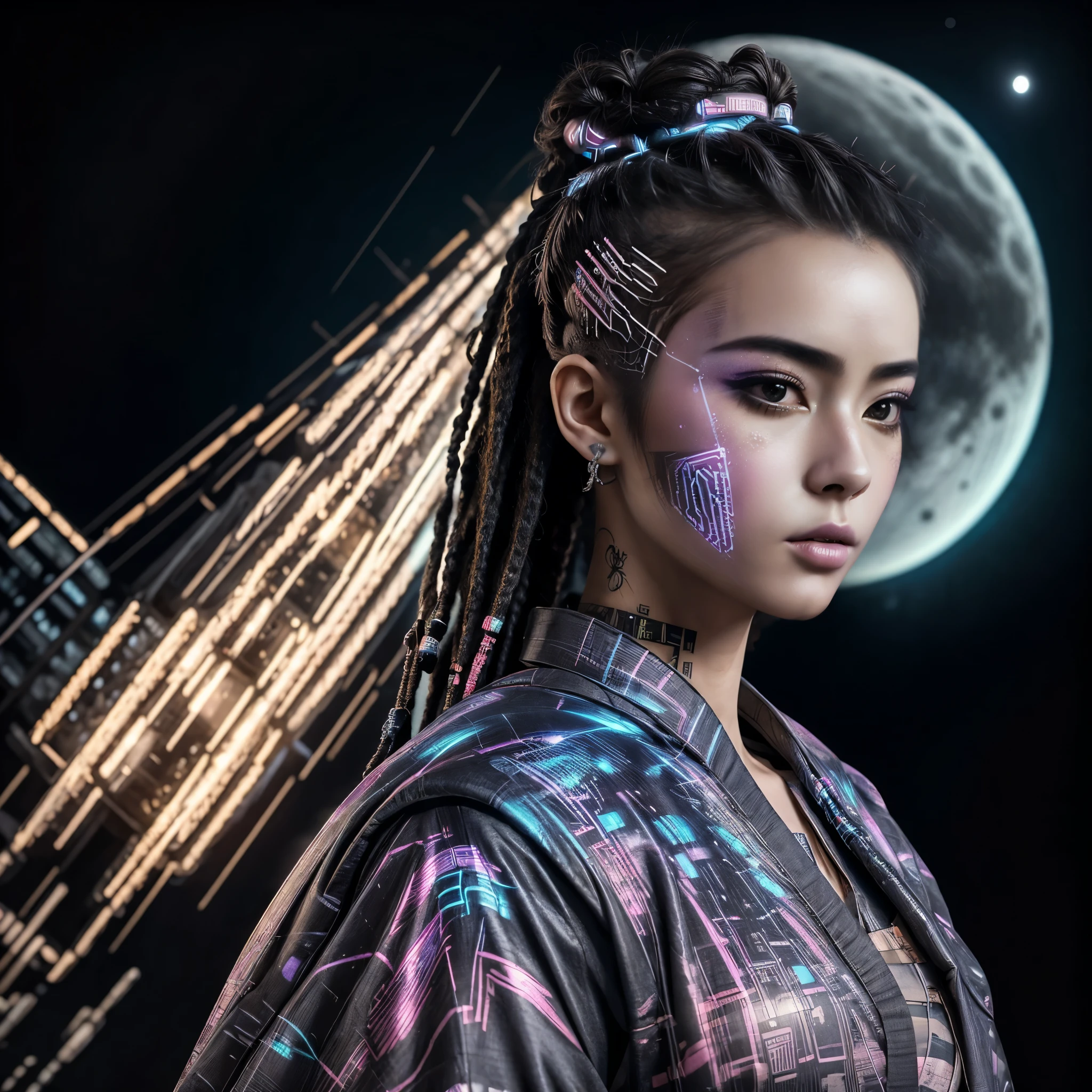 a cyberpuk Japanese geisha, full lips, large breasts, with long black hair with neon dreadlocks, with pale silky skin, beautiful eyes, wearing a stylized neon kimono, and in the background there is a beautiful bright full moon (intricate details), Under a starry night sky, a beautiful cyberpunk futuristic kitsune woman, a beautiful photorealistic cyberpunk geisha, futuristic hyperrealistic cyberpunk Japanese Goddess image, a cyberpunk masterpiece, beautiful future geisha scene of intricate details, Cyber Geisha Woman, futuristic beauty geisha.