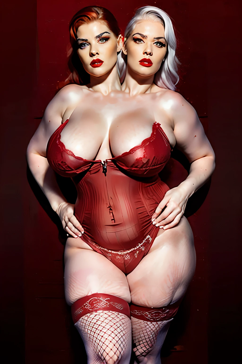 1woman, (((very pale albino white skin))), (((50 years old))), ((old woman)), obese, thick body, thick torso, round face, thick thighs, red Mohawk, wearing red phantom of the opera mask, double chin, thick neck, sagging breasts, large breasts covered by red fishnet bra, breasts apart, breastsapart, red corset, red body stocking, red smoky background , photography, realistic, 8K, she looks at the viewer in contempt, red lipstick, red eye shadow, green eyes, full body, ((2heads)), high quality, best quality, masterpiece, conjoined dicephalus