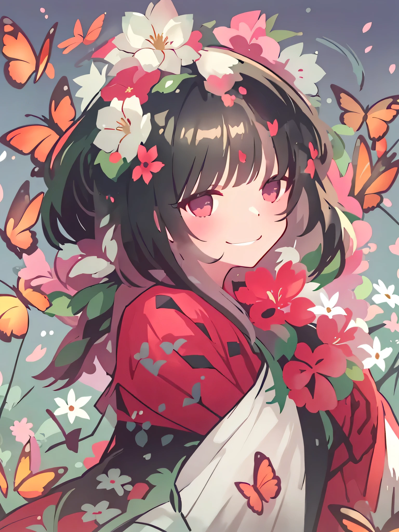 1 Sister, Alone, looking at viewert, Background with, Black hair、Short bob hair, hair adornments, long-sleeve, 白いBackground with, , blooming flowers, Hair Flower, hair-bun, butterflys, tmasterpiece, Recent Quality, Up to detail, Clear facial features, beautidful eyes、absurderes、Smiling smile、dye one's cheeks red、A sexy、
