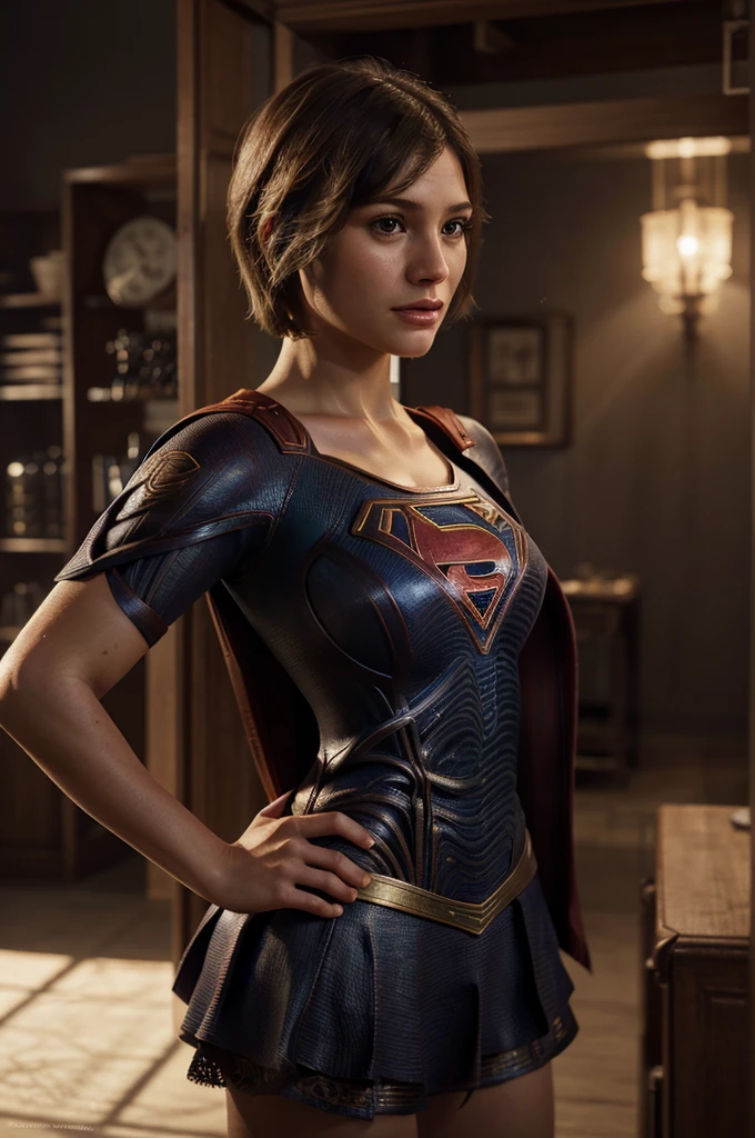 best quality, realistic, photorealistic, award-winning illustration, (intricate details: 1.2), (delicate detail), (intricate details), (cinematic light, Supergirl with extremely sexy short hair