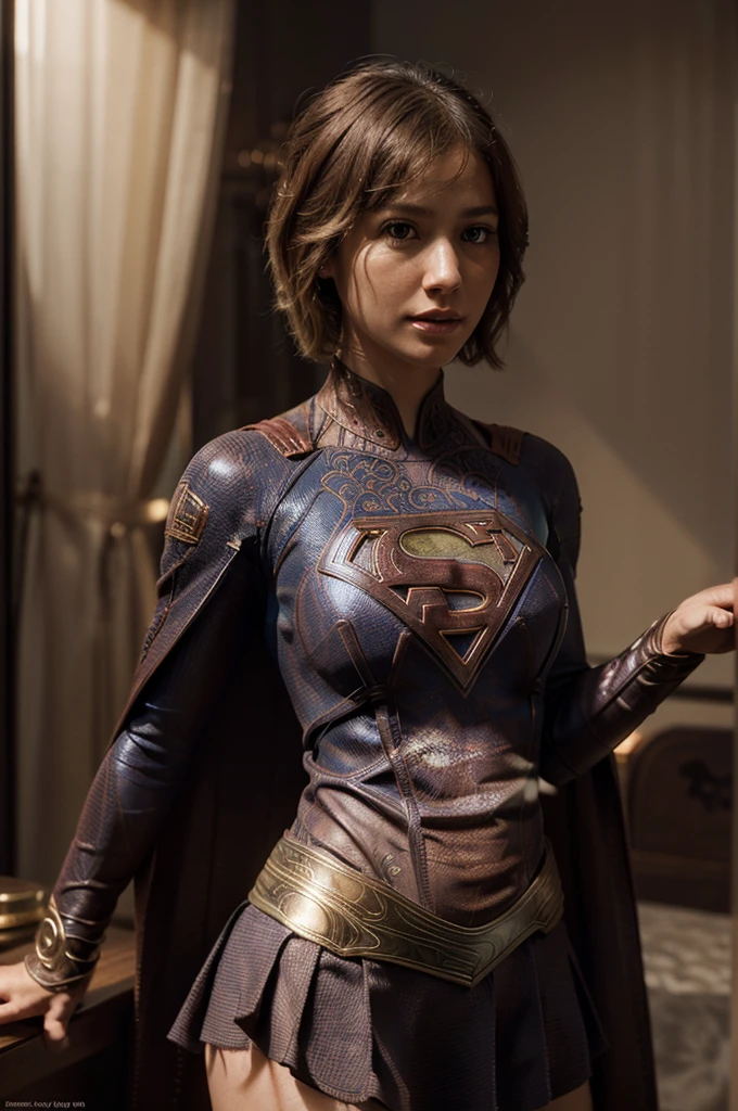 best quality, realistic, photorealistic, award-winning illustration, (intricate details: 1.2), (delicate detail), (intricate details), (cinematic light, Supergirl with extremely sexy short hair