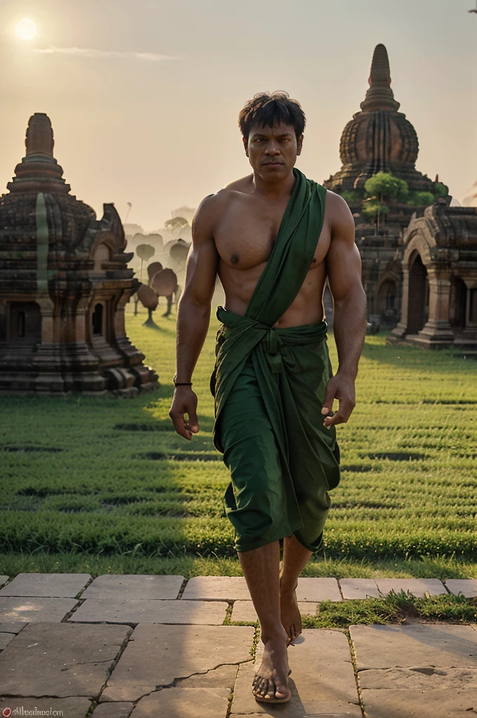 Green Hulk walking in the ancient Bagan city, hyper realistic, sunset, detailed, temples in Bagan, cinematic,