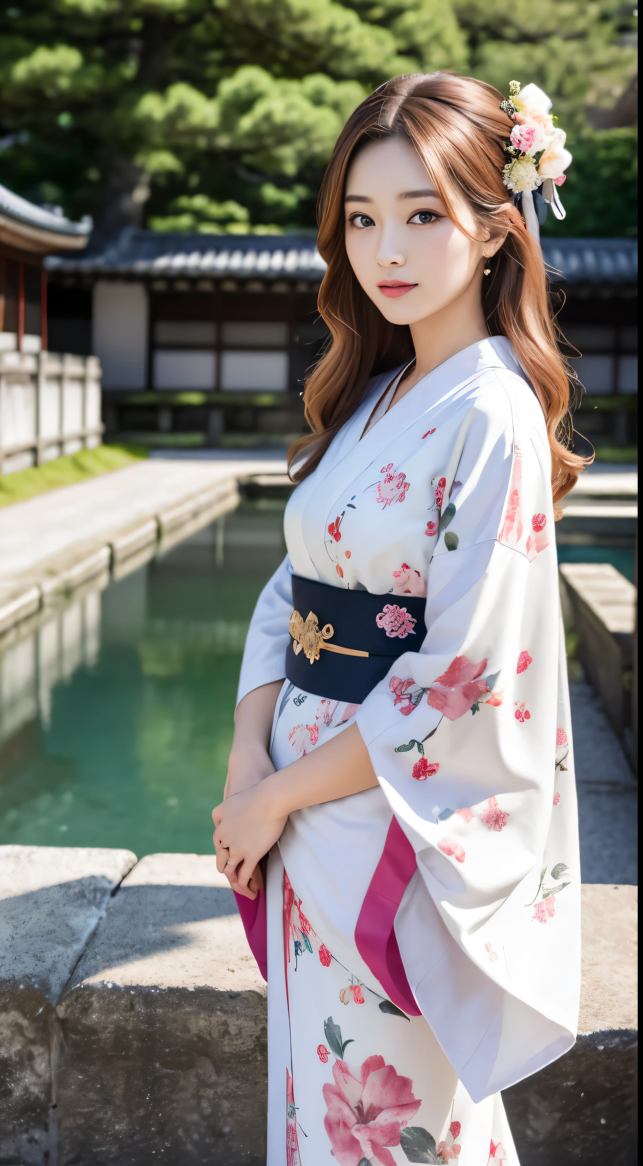 masutepiece, of the highest quality, Best Quality, Official art, fullbody image,Beautiful and aesthetic:1.2),1girl in, beautiful faces detailed,Solo, White kimono with floral pattern, Hair Ornament, chestnut-colored hair, Looking at the camera, flower, Looking at Viewer, Seize the Joy, Kyoto Imperial Palace,Full-body high-definition image that can be seen from a distance,