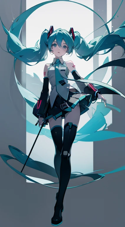 faces (((miku hatsune))) small tits A slender (cool) hiquality (笑faces) arm dynamic Shoulder out Full body painting the feet neck tie a miniskirt thigh high boots Soft colors、Pale shades glowing