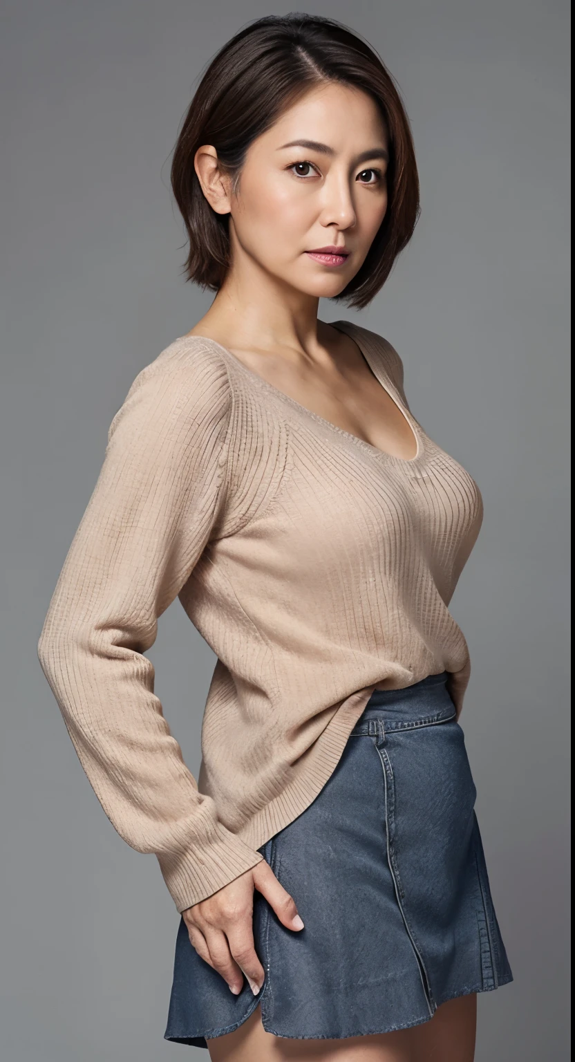 hight resolution, high-level image quality, high detailing, masterpiece, Textured skin, tre anatomically correct, sharp, greybackground((japanese mature, 55 years old)), 独奏, ((Wrinkles on the face)), large breasts with good shape, Light brown straight hair that reaches to the shoulders, chubby figure (((Stand upright facing the center of the screen))), Close your mouth and look straight ahead with a serious face, Sweaters, skirt by the, ((cowboy shot)),