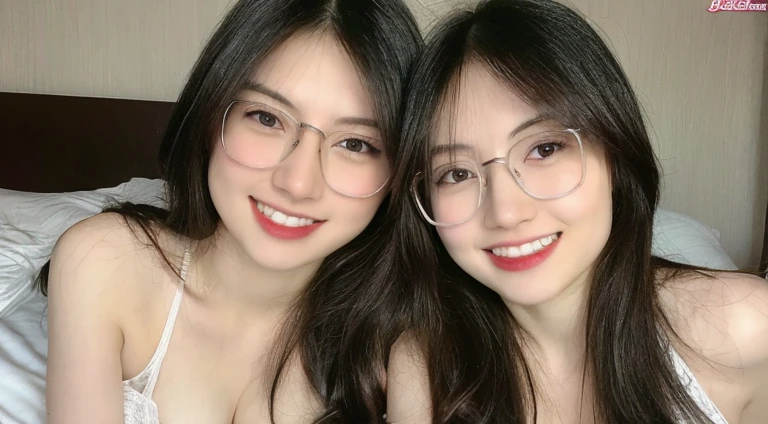 (realistic, high resolution:1.3), 2 girls with perfect figure,(((2 girls:1.4))), glasses, smile, ((pale white skin:1.3)) ,(gigantic breasts:1.3), looking at viewers, super fine face and eyes, long hair, white transparent lace veil: 1.2 , in bedroom, sit on the bed, , exposed cleavage, upper body, half body