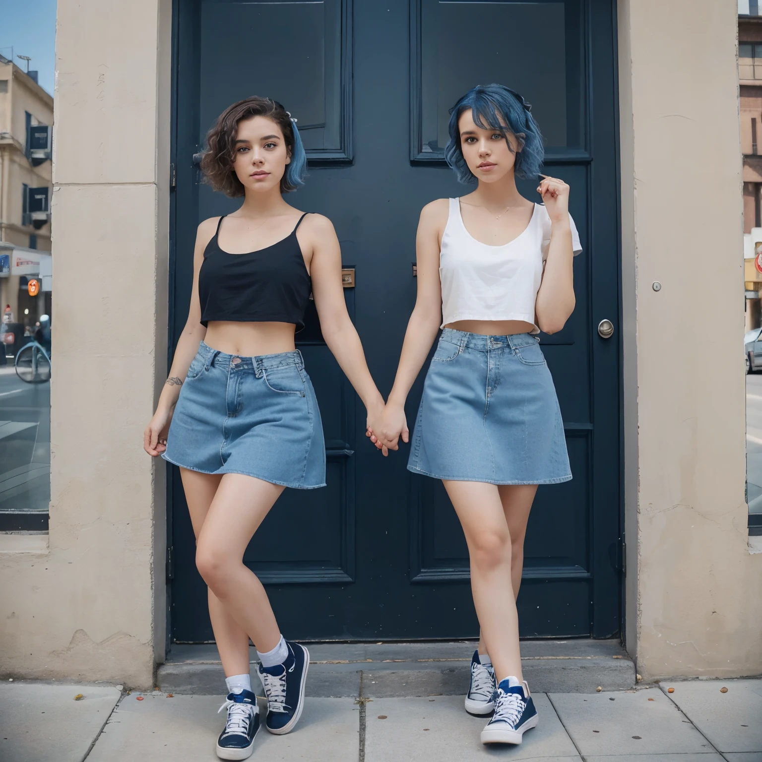 2 best friends near each other holding hands, the first best friend with black short hair with curls and a black crop top and blue jeans, with converses as shoes, with brown eyes and short the 2nd one with brown and blonde hair and tall with blue hair, with a dress on.