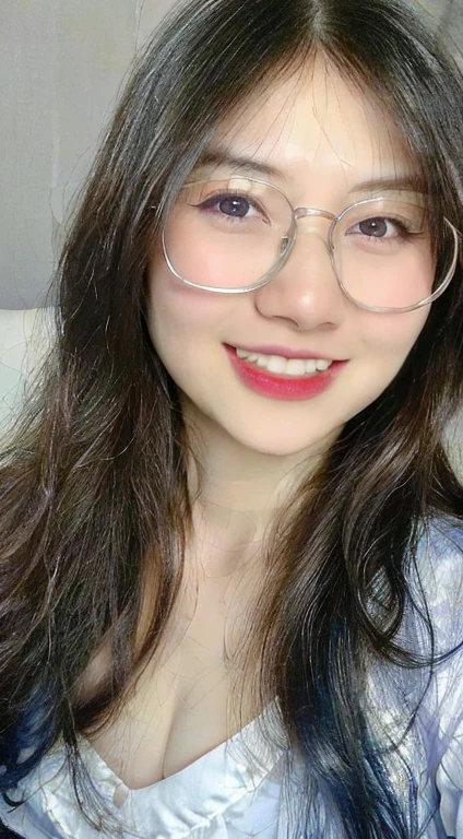 ((Top Quality, 8k, Masterpiece: 1.3)), 1 Girl, Beauty with Slim Abs: 1.3, glasses, smile, (Casual Hairstyle, Big: 1.2), Casual Wear: 1.2, Interior, Super Detail Face, Delicate Eyes, Double Eyelids, Soft Breasts, Smile, Exposed Cleavage, Blue Hair, Silky Hair, Red Lip, Mole Around the Eyes)