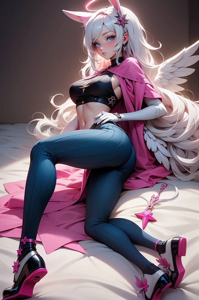 {-erro_de_anatomia:1.0} woman, solo, long hair, breasts, sideboob, areola, long white hair, white stockings, pink heart-shaped wings, compass rose halo, wings, navel, gloves, bunny ears, diaphragm, magic circle, asymmetrical legwear, angel, angel wings, small pink wing, animal ears, very long hair, blue eyes, pink wings, big breasts, mismatched pants, single shoe, feathered wings, blue eyes, shoes, high socks, crop top pink, cross, white hair, lying on the bed, backwards, looking back, with her face against her shoulder, sexy look