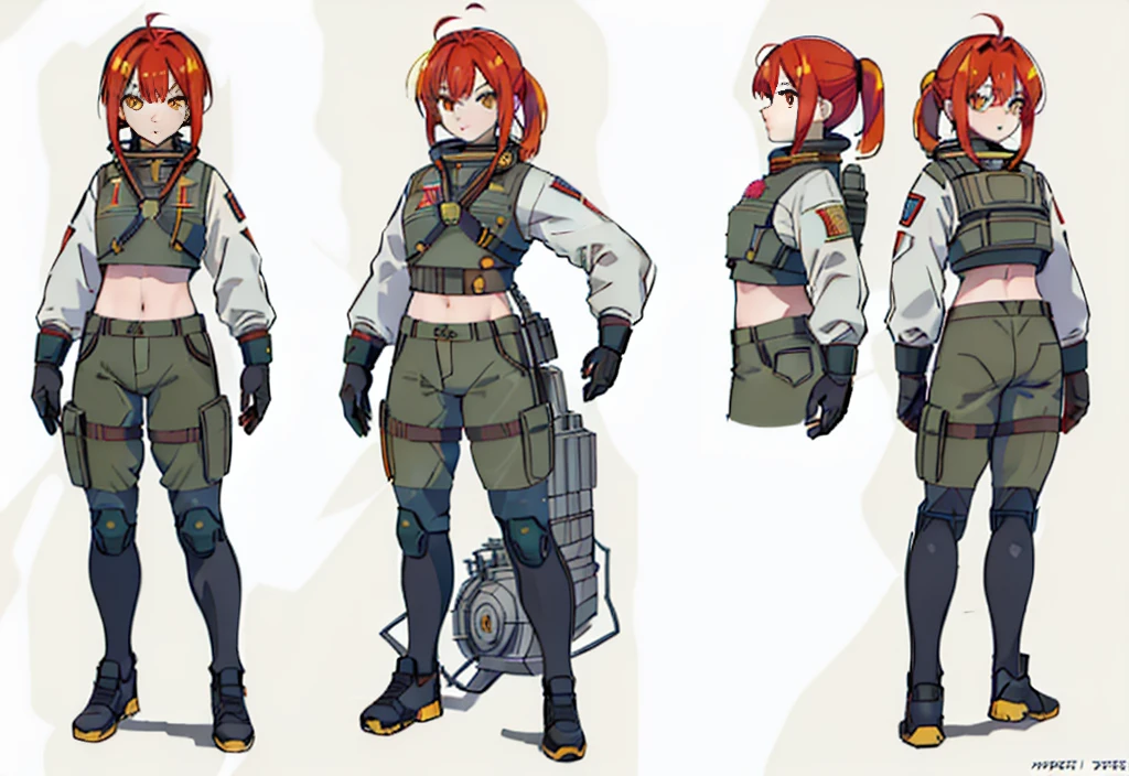 Slavic Girl. character sheet, concept art, full body, (masterpiece:1.2), (best quality:1.3), 1girl, standing, dynamic pose, diesel-punk, Russian tanker uniform, soldier, sci-fi, hazmat, soviet, cosmonaut, big baggy sleeves, (red hair), (yellow eyes), (pony tail), (long bangs), (vibrant eyes), (golden hair), (small chest), (large hips), (thick thighs)