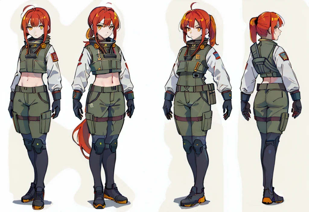 Slavic Girl. character sheet, concept art, full body, (masterpiece:1.2), (best quality:1.3), 1girl, standing, dynamic pose, diesel-punk, Russian tanker uniform, soldier, sci-fi, hazmat, soviet, cosmonaut, big baggy sleeves, (red hair), (yellow eyes), (pony tail), (long bangs), (vibrant eyes), (golden hair), (small chest), (large hips), (thick thighs)