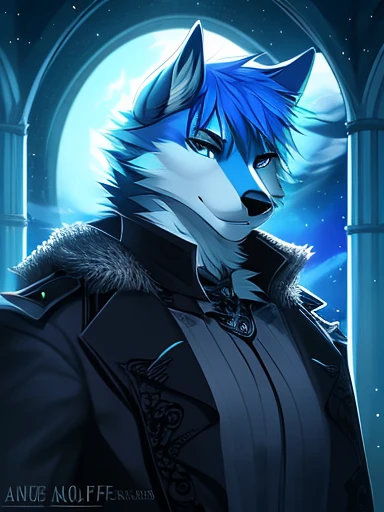 (masterpiece, anime style, high quality), (wolf, blue iris:1.4, furry, portrait, Wolf, very beautiful, blue fur, Male cyan and white furry wolf, Cyan hair with white highlights:1.3, white ears, hairy, Gothic coat, highly detailed hair, highly detailed eyes, highly detailed facial features, highly detailed night scenery, highly detailed, gothic), by Angiewolf