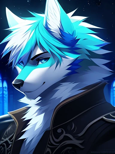 (masterpiece, anime style, high quality), (wolf, blue iris:1.4, furry, portrait, Wolf, very beautiful, blue fur, Male cyan and white furry wolf, Cyan hair with white highlights:1.3, white ears, hairy, Gothic coat, highly detailed hair, highly detailed eyes, highly detailed facial features, highly detailed night scenery, highly detailed, gothic), by Angiewolf