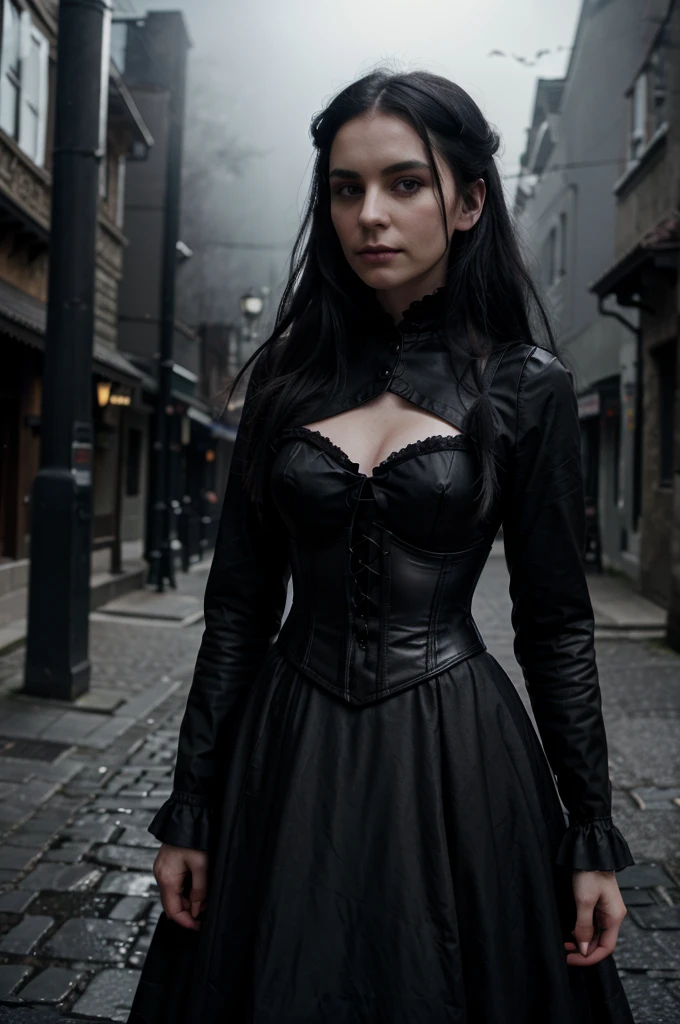 award winning RAW color photo of victorian era vampire cherrynobodysd15+ wearing black dress leather corset, dark foggy village, night ominous dark foreboding, mist, moonrays, vivid alluring eyes, pale skin, (black hair)+, shallow depth of field, high contrast, backlighting, bloom, chromatic aberration, smooth, sharp focus, taken on a mirrorless camera