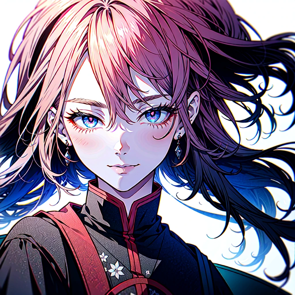 1girl, solo, female focus, female, girl, masterpiece, best quality, high quality, (blue color:1.3), long hair, wavy hair, hair between the eyes, (pink eye color:1.3), looking at viewer, flatchested, shut up, (closed mouth:1.24), light smile, smile, smiling, (light blue shirt:1.3), (black japanese clothes:1.35), black flower ornament, dark skirt, detailed clothes, thin body, fair skin, (white background:1.65), upperbody, half-body adaptable, upper-body, head, chest, character in frame, (close-up:1.6), perfect hands, ((middle-centered)),