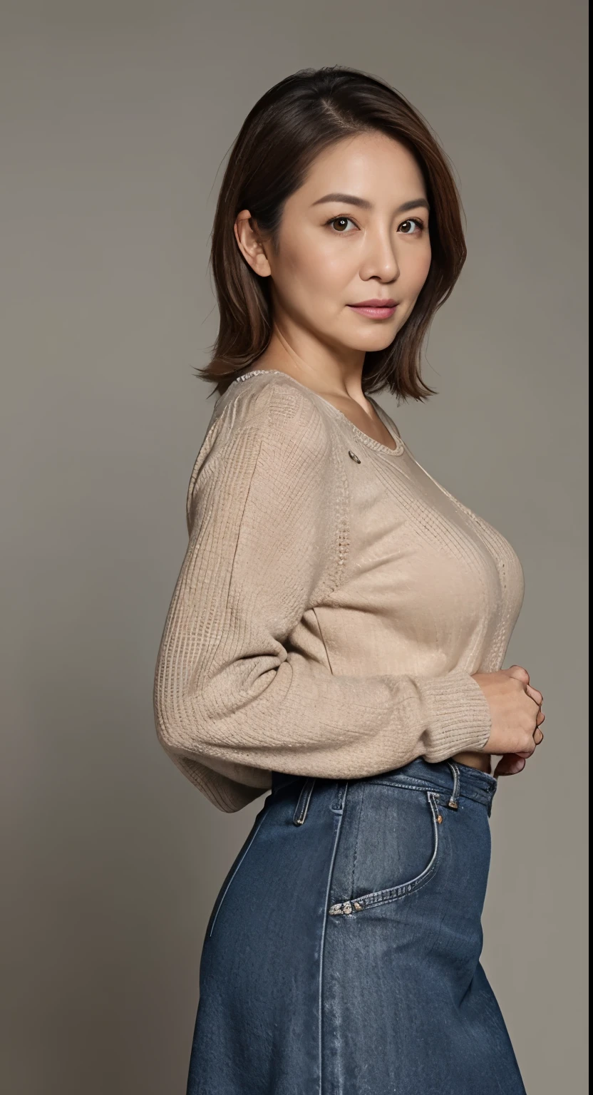 hight resolution, high-level image quality, high detailing, masterpiece, Textured skin, tre anatomically correct, sharp, greybackground((japanese mature, sixty years old)), 独奏, ((Wrinkles on the face)), large breasts with good shape, Light brown straight hair that reaches to the shoulders, chubby figure (((Stand upright facing the center of the screen))), Close your mouth and look straight ahead with a serious face, Sweaters, skirt by the, ((cowboy shot)),