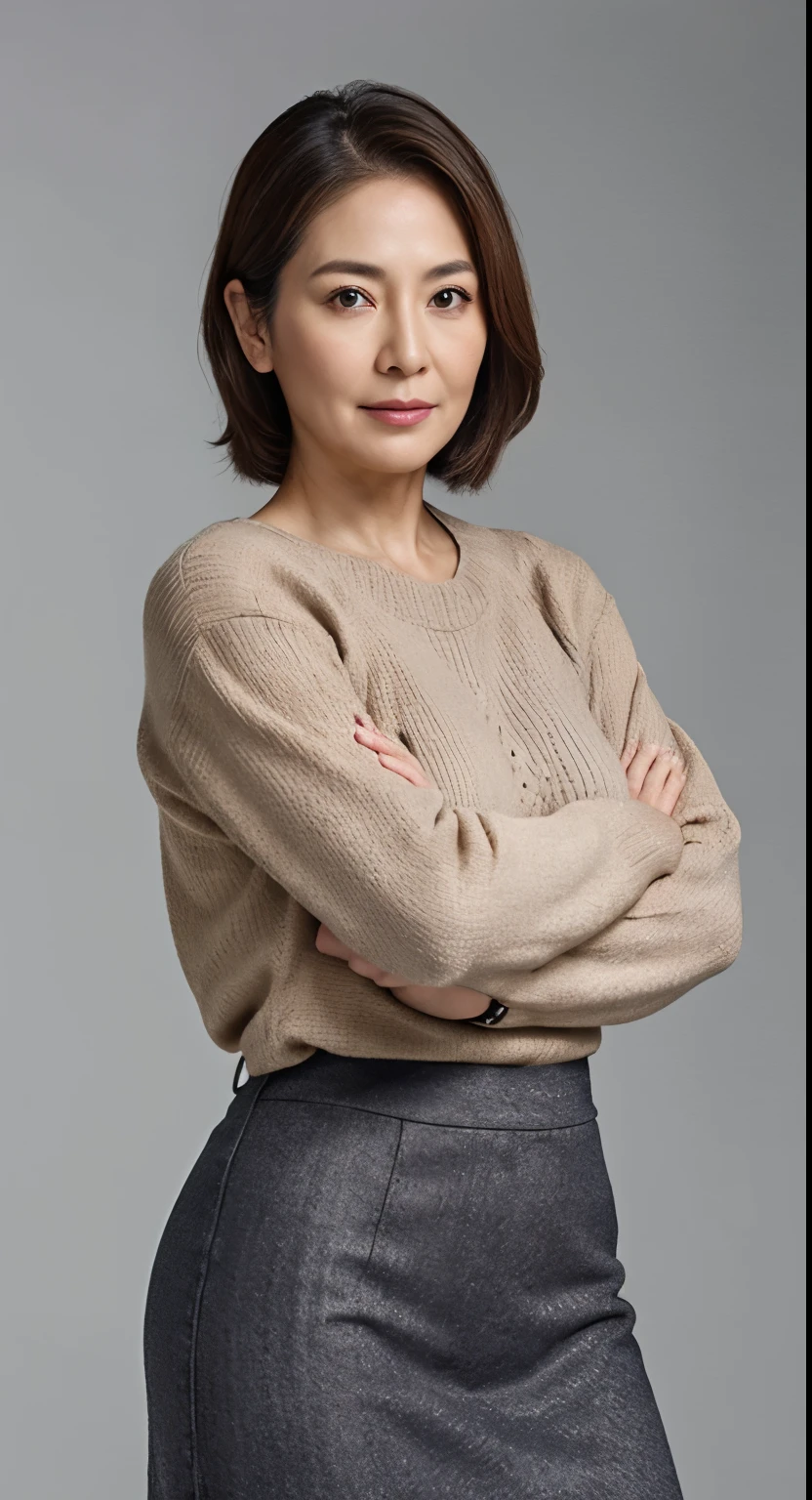 hight resolution, high-level image quality, high detailing, masterpiece, Textured skin, tre anatomically correct, sharp, greybackground((japanese mature, sixty years old)), 独奏, ((Wrinkles on the face)), large breasts with good shape, Light brown straight hair that reaches to the shoulders, chubby figure (((Stand upright facing the center of the screen))), Close your mouth and look straight ahead with a serious face, Sweaters, skirt by the, ((cowboy shot)),