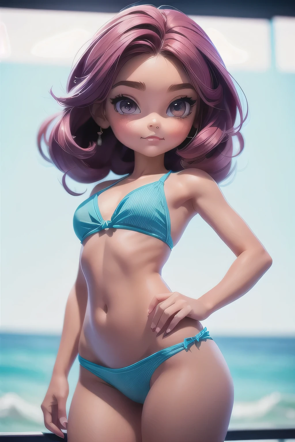 "Crea un dibujo estilo dibujos animados de una encantadora, Chica ligeramente sonriente, similar to a Blythe doll. She's dressed in a bikini, tiene el pelo moreno peinado en un bob, ojos oscuros, A cute little nose, y una figura esbelta. The  girl is standing facing forward with her hands hanging at her sides, piernas rectas, y pies apuntando hacia adelante."