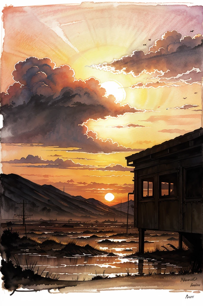 post-apocalyptic sunset at the end of the world of the new dawn aquarelle drawing