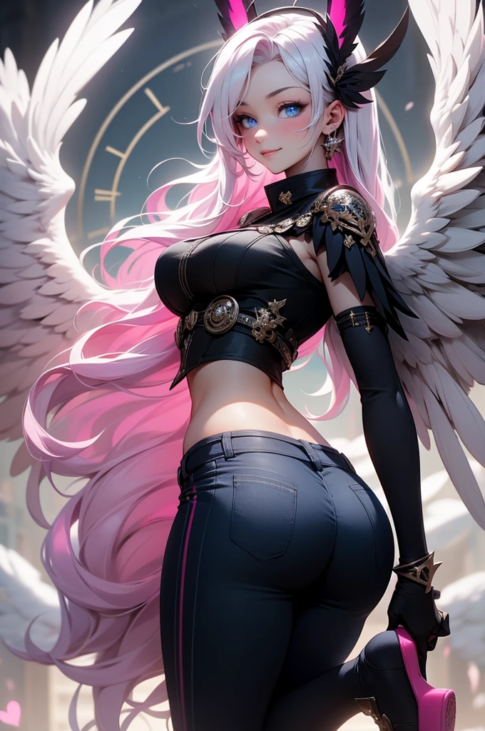 {-erro_de_anatomia:1.0} woman, solo, long hair, breasts, sideboob, areola, long white hair, white stockings, pink heart-shaped wings, compass rose halo, wings, navel, gloves, bunny ears, diaphragm, magic circle, asymmetrical legwear, angel, angel wings, small pink wing, animal ears, very long hair, blue eyes, pink wings, big breasts, mismatched pants, single shoe, feathered wings, blue eyes, shoes, high socks, crop top pink, cross, white hair, looking at the viewer, smiled, backwards, looking back