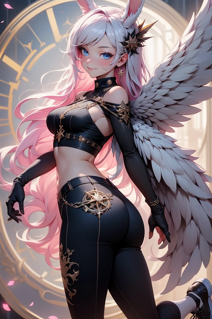 {-erro_de_anatomia:1.0} woman, solo, long hair, breasts, sideboob, areola, long white hair, white stockings, pink heart-shaped wings, compass rose halo, wings, navel, gloves, bunny ears, diaphragm, magic circle, asymmetrical legwear, angel, angel wings, small pink wing, animal ears, very long hair, blue eyes, pink wings, big breasts, mismatched pants, single shoe, feathered wings, blue eyes, shoes, high socks, crop top pink, cross, white hair, looking at the viewer, smiled, backwards, looking back