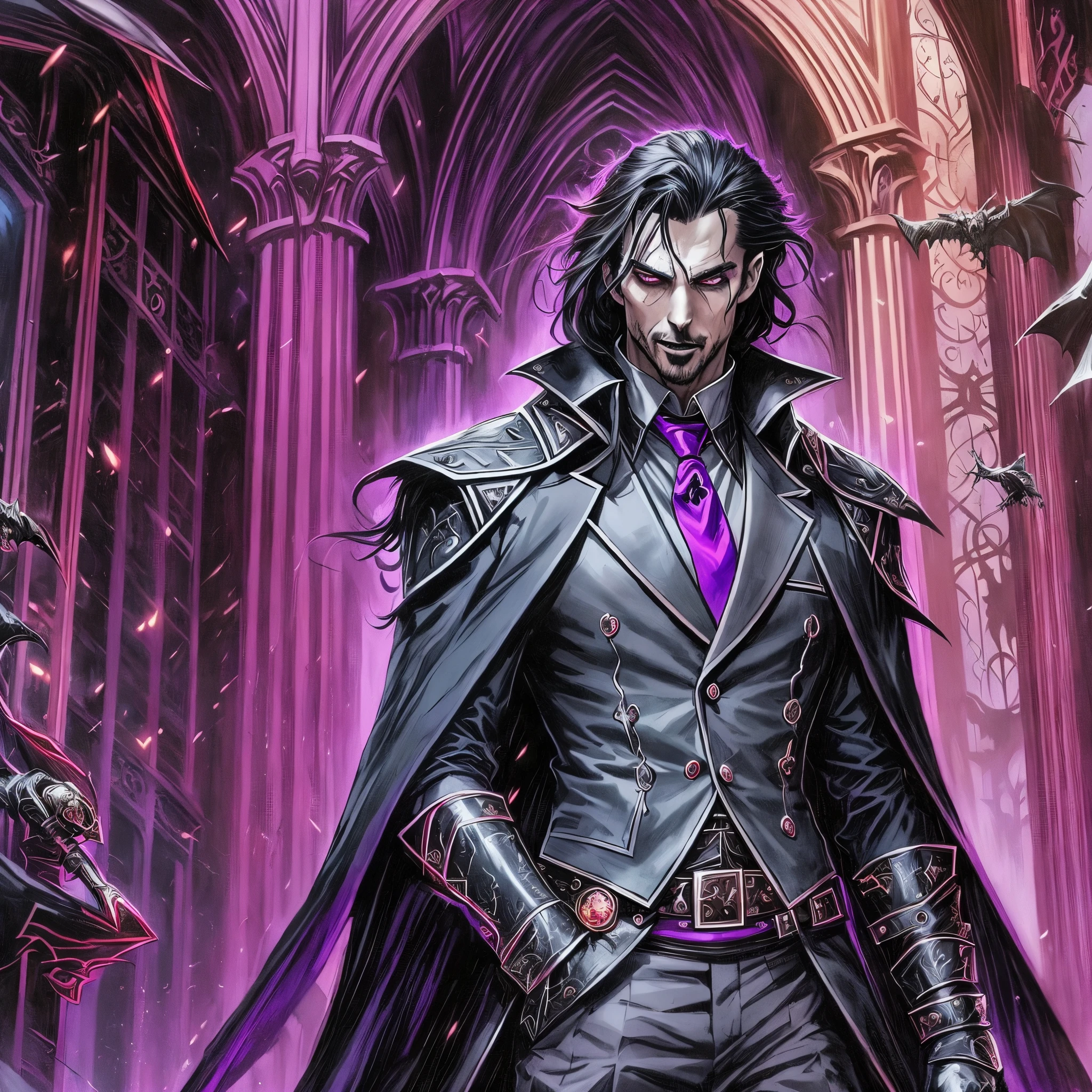 there is a man in a black coat and a purple tie, style of raymond swanland, steel inquisitor from mistborn, dark fantasy style art, vampire lord, picture of a male dhampir, fantasy ttrpg villain, male vampire, dark fantasy character design, handsome male vampire, litrpg novel cover, stanely artgerm, graphic artist magali villeneuve