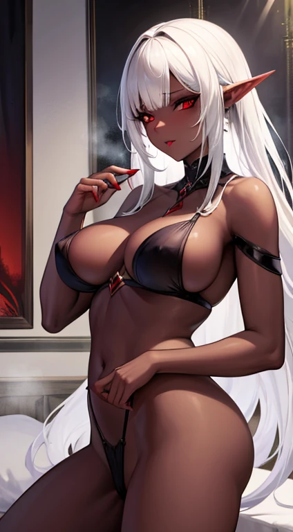 A Dark Elf Female with white hair, dark skin and red eyes (NSFW)