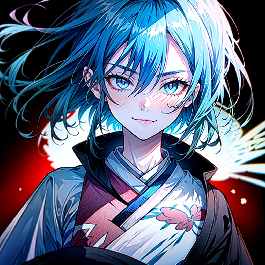 1girl, solo, female focus, female, girl, masterpiece, best quality, high quality, (blue hair color:1.3), long hair, wavy hair, hair between the eyes, (pink eye color:1.3), looking at viewer, flatchested, shut up, (closed mouth:1.24), light smile, smile, smiling, (light blue shirt:1.3), (black japanese clothes:1.35), black flower ornament, dark skirt, detailed clothes, thin body, fair skin, (white background:1.65), upperbody, half-body adaptable, upper-body, head, chest, character in frame, (close-up:1.6), perfect hands, ((middle-centered)),