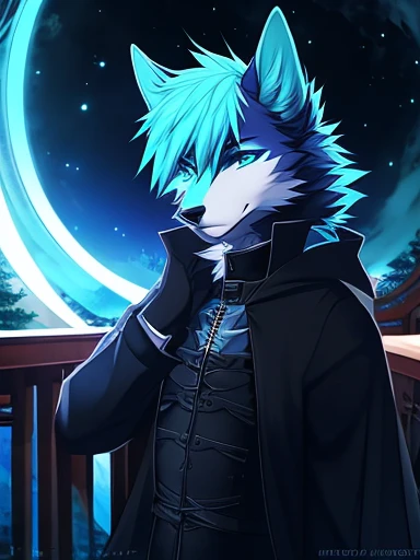 (masterpiece, anime style, high quality), (wolf, blue iris:1.4, furry, fullbody, Wolf, very beautiful, blue fur, Male cyan and white furry wolf, Cyan hair with white highlights:1.3, white ears, hairy, Gothic coat, highly detailed hair, highly detailed eyes, highly detailed facial features, highly detailed night scenery, highly detailed, gothic), by Angiewolf
