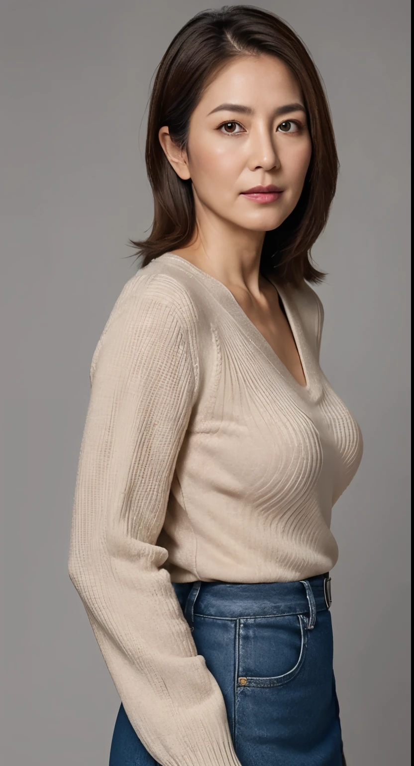 hight resolution, high-level image quality, high detailing, masterpiece, Textured skin, tre anatomically correct, sharp, greybackground((japanese mature, sixty years old)), 独奏, ((Wrinkles on the face)), large breasts with good shape, Light brown straight hair that reaches to the shoulders, chubby figure (((Stand upright facing the center of the screen))), Close your mouth and look straight ahead with a serious face, Sweaters, skirt by the, ((cowboy shot)),