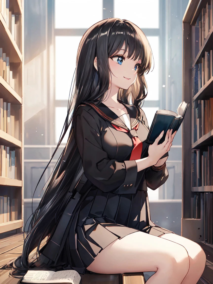 8k, (ultra-detailed:1.3, master piece:1.3, best quality:1.3, high resolution:1.3), 18year old, High school students, 1 person, a girl, beautiful face, large and beautiful breasts, Blue eyes, eyes in highlight, catch light eyes, specular highlight eyes, (smile with your mouth closed:1.2), BREAK (long hair, black hair, black sailor suit, Black pleated skirt, Separated uniforms, red ribbon tie, collarbone, shoot from side), BREAK library, (Sitting, laugh a little, holding a book with both hands), (staring at a book:1.3), (see a book:1.3), (looking away:1.3)