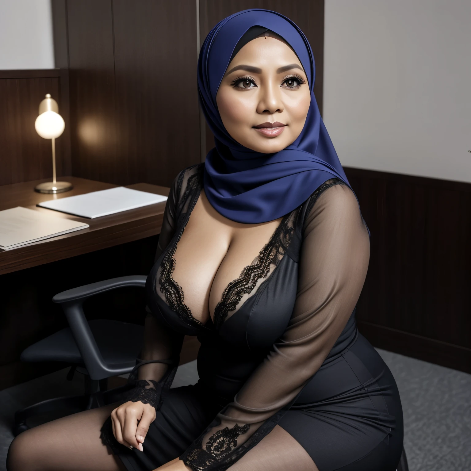 52 years Old, Hijab Indonesian mature woman, Large Tits : 96.9, Tight Kebaya, , Breast about To burst out, at Office, Dark light, at Nighttime