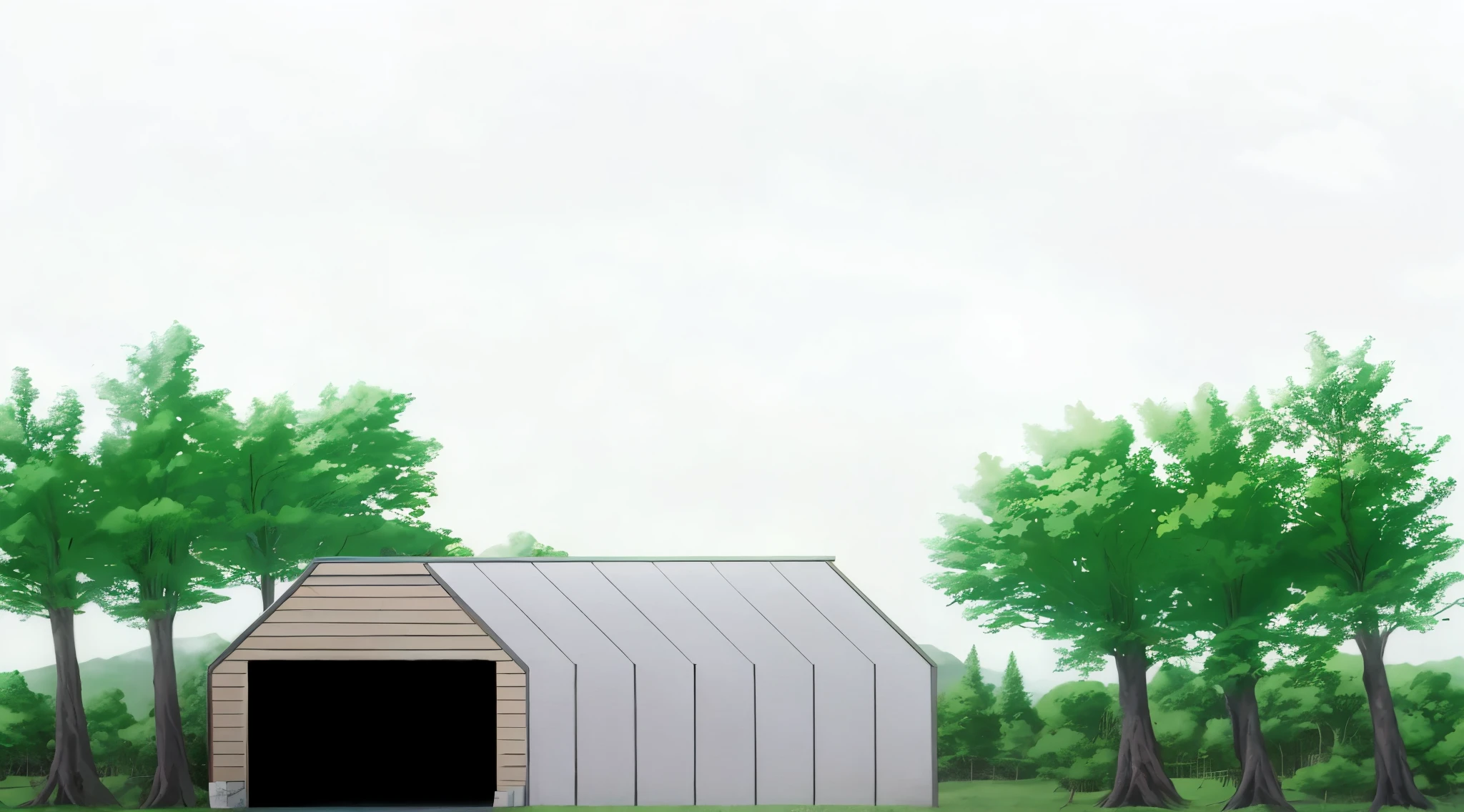 there is a small white hangars with a door in the middle of a field, some trees in the background, trees in background, trees in the background, house background, barn in the background, random background scene, farm background, [[empty warehouse]] background, forest in the background, forest in background, barn in background, basic background, wide establishing shot, anime style, ghibli style, 4k anime background,