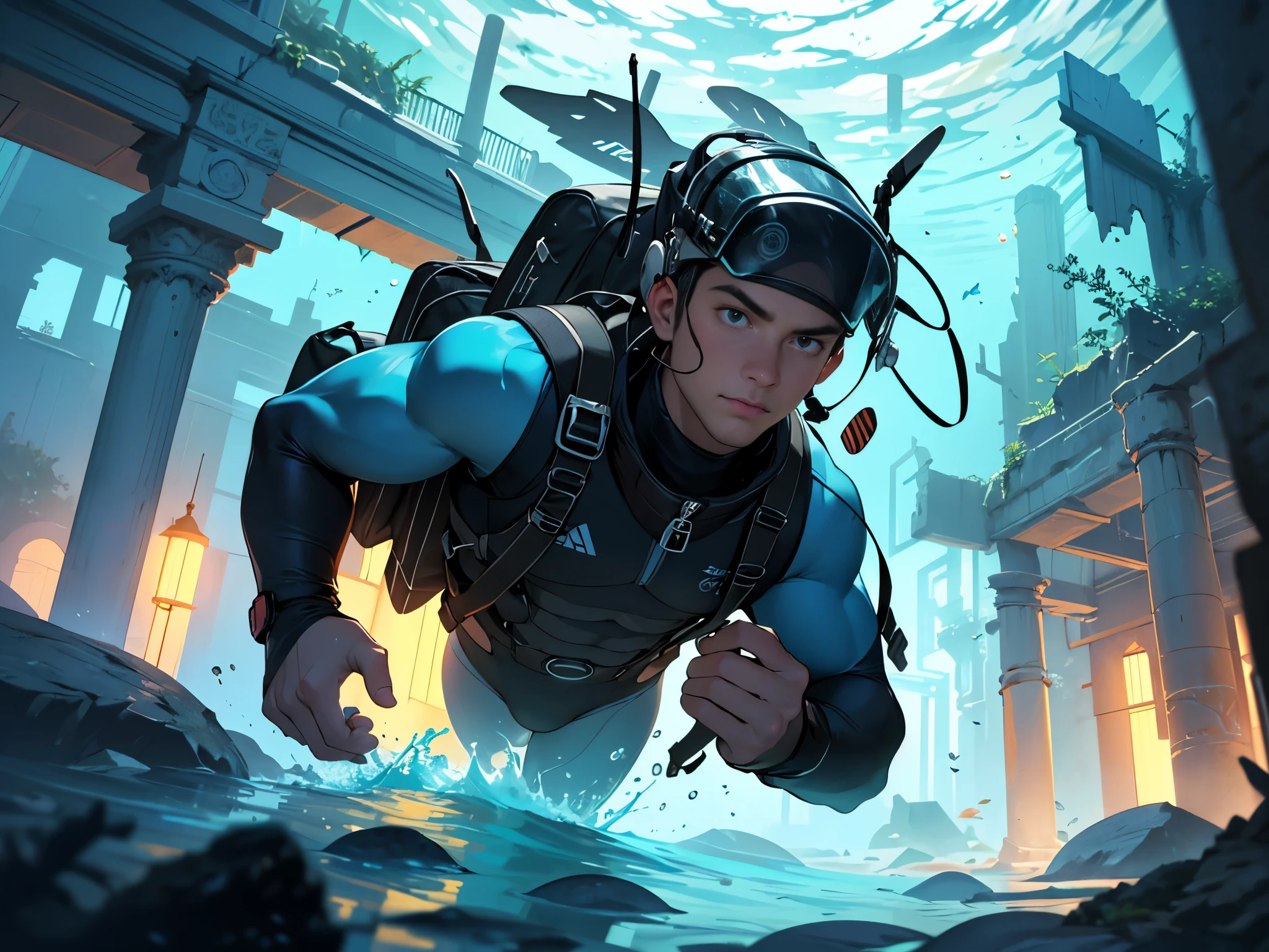 Illustration of a stylized, adventurous man in a modern diving suit exploring the ruins of an underwater city, reminiscent of Atlantis. He is equipped with a high-tech backpack, suggesting a journey of discovery. The scene is rich in details with a graphic novel aesthetic, featuring vibrant marine flora and ancient, enigmatic architecture bathed in the ethereal light filtering down from the surface. The man is muscular and has a determined look, with the water's surface subtly visible above, giving a sense of depth and the vastness of the underwater environment. The image should have an imaginative, illustrative quality, avoiding hyper-realism to capture the fantastical element of underwater exploration.