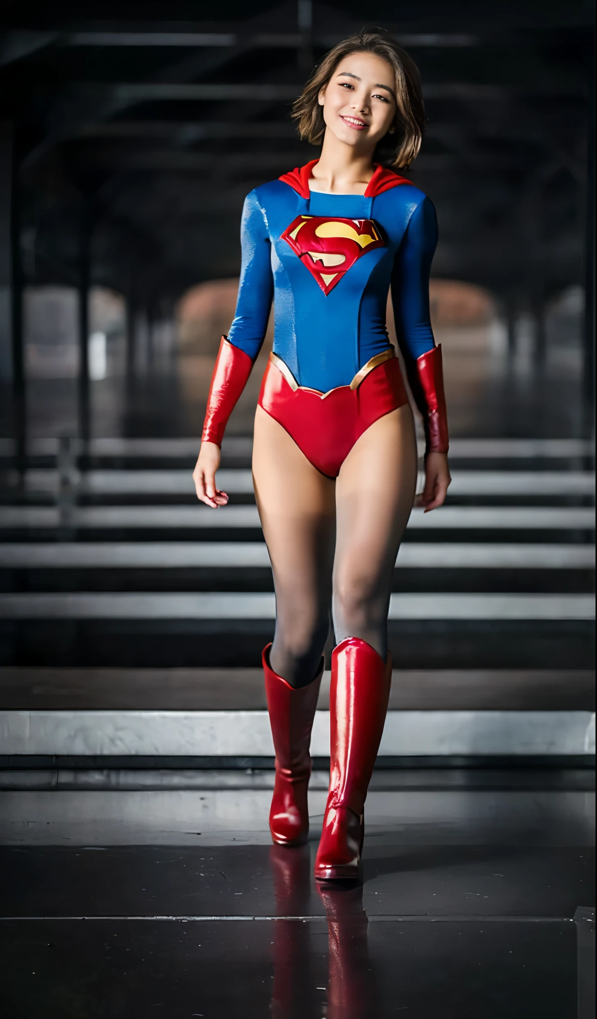 No background、(((Wear black tights on your beautiful legs.)))、(((Grow legs、tall、Legally express the beauty of your smile)))、((((Make the most of the original image)))、(((Supergirl Costume)))、(((beautiful hairl)))、(((Suffering)))、(((Feet must necessarily be worn with black tights)))、(((You need to wear red boots)))、((Top image quality、8K))、((top-quality、8K、​masterpiece:1.3))、(((Keep Background )))、Crisp focus:1.2、Beautiful woman with perfect body shape:1.4、Slender Abs:1.2、a wet body:1.5、Highly detailed facial and skin texture、8K