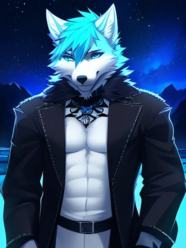 (masterpiece, anime style, high quality), (wolf, blue iris:1.4, furry, fullbody, Wolf, very beautiful, blue fur, Male cyan and white furry wolf, Cyan hair with white highlights:1.3, white ears, hairy, Gothic coat, highly detailed hair, highly detailed eyes, highly detailed facial features, highly detailed night scenery, highly detailed, gothic), by Angiewolf