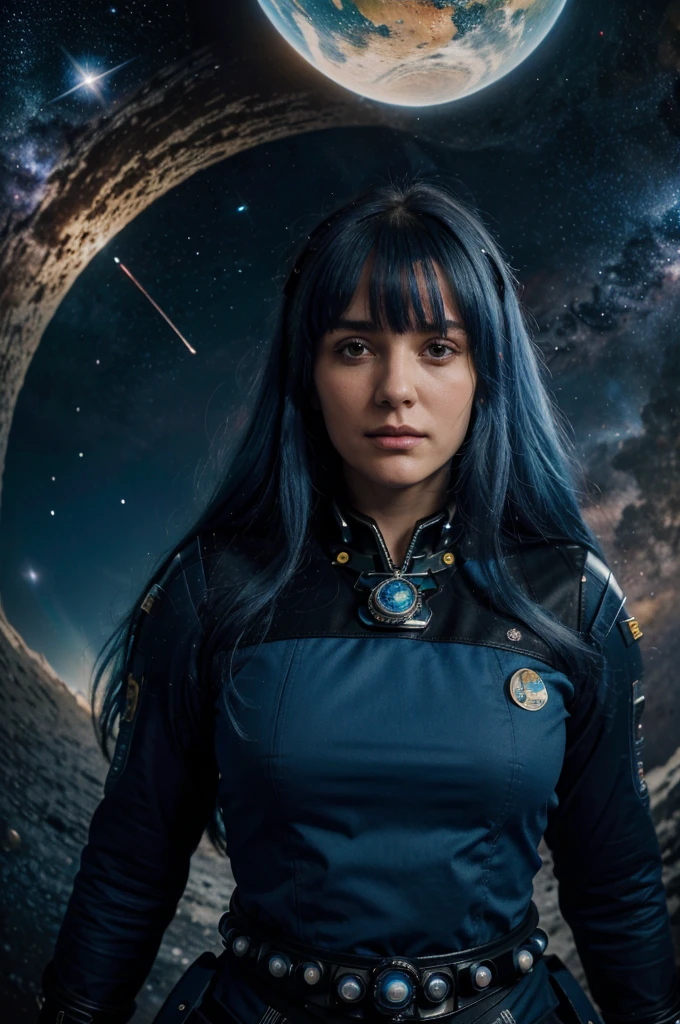 best quality, detailed, 4k, raw photo, masterpiece, detailed face,, stars, planets, galaxy, space,, a photo of anycemar flying in space, blue hair, bangs, long hair, looking at viewer,
