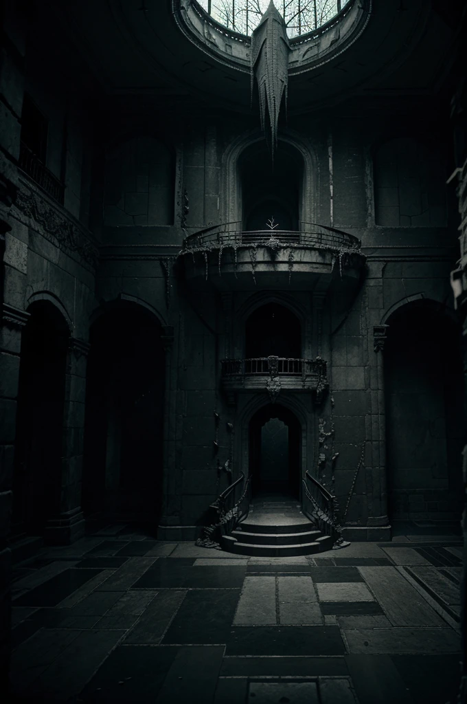 vast angle, view from the top of peak, inside of Dol Guldur, dark floors, one floor with balcony to abyss view, and floor with madness stair downside, thorns, spiked walls. Creepy illustration, over-detailed, 8k resolution. Horror art.