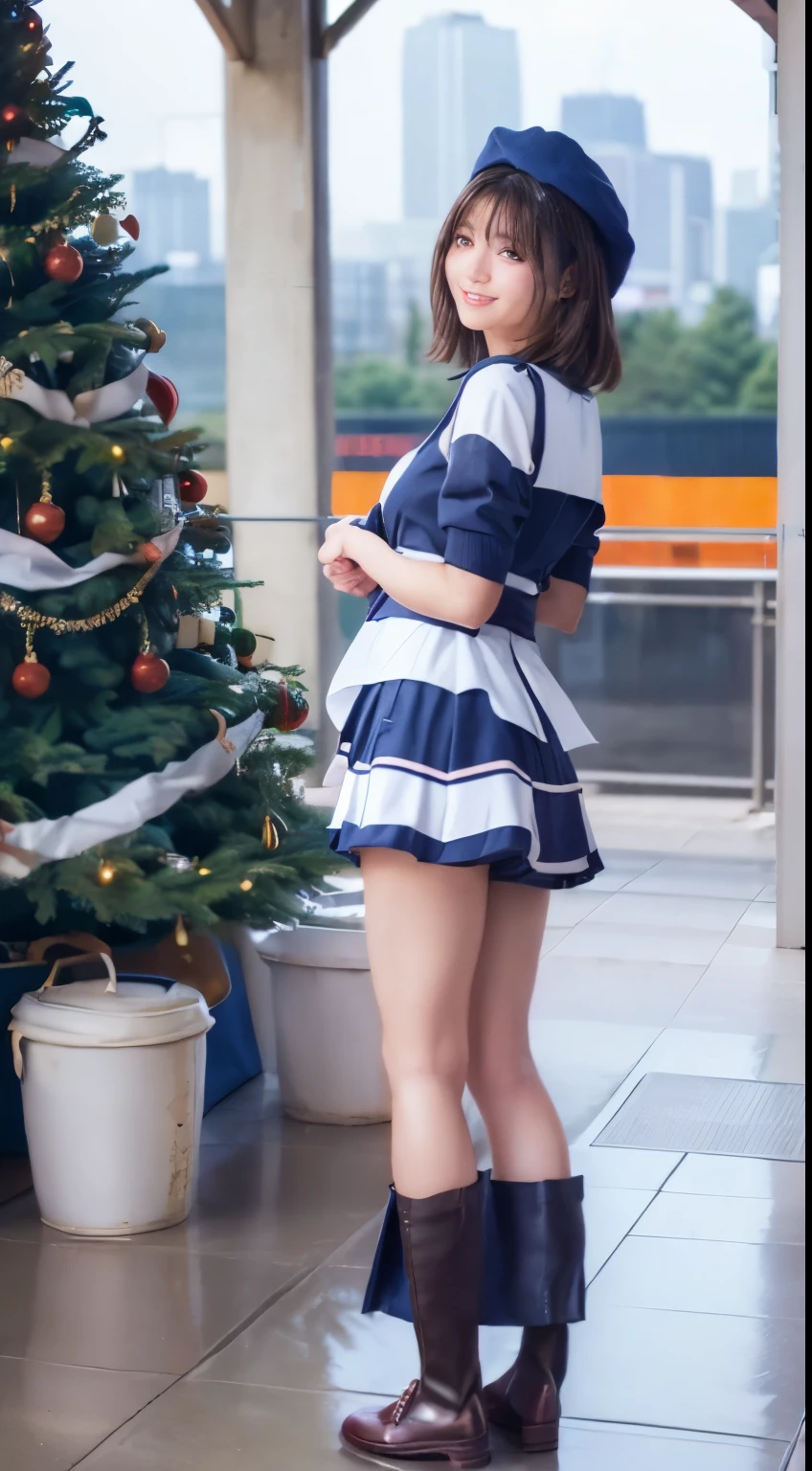 top-quality,ultra - detailed,tmasterpiece,hentail realism,Photorare,Bright lighting,1 girl in, Camera color temperature 3800k、an extremely beautiful 17-year-old girl, (kawaii:1.6),Thin smile, (Brown eyes),(dark brown hair),(By bangs),perfect glossy shiny skins,flawless skin,((erotick,Sexy and sexually explicit)),((Exact pointers，No discomfort)), large full breasts,big breasts thin waist, looking at viewert,((Blue Santa Claus:0.8)),((blue santa hat)),(Christmas tree),((super miniskirt:1.5、No slit)),(((Skirt lift with their own hands))),(lifted by self),(Stand with your feet together)), knee high socks,(Loafer shoes), In the daytime,Station platform、Hands behind your back